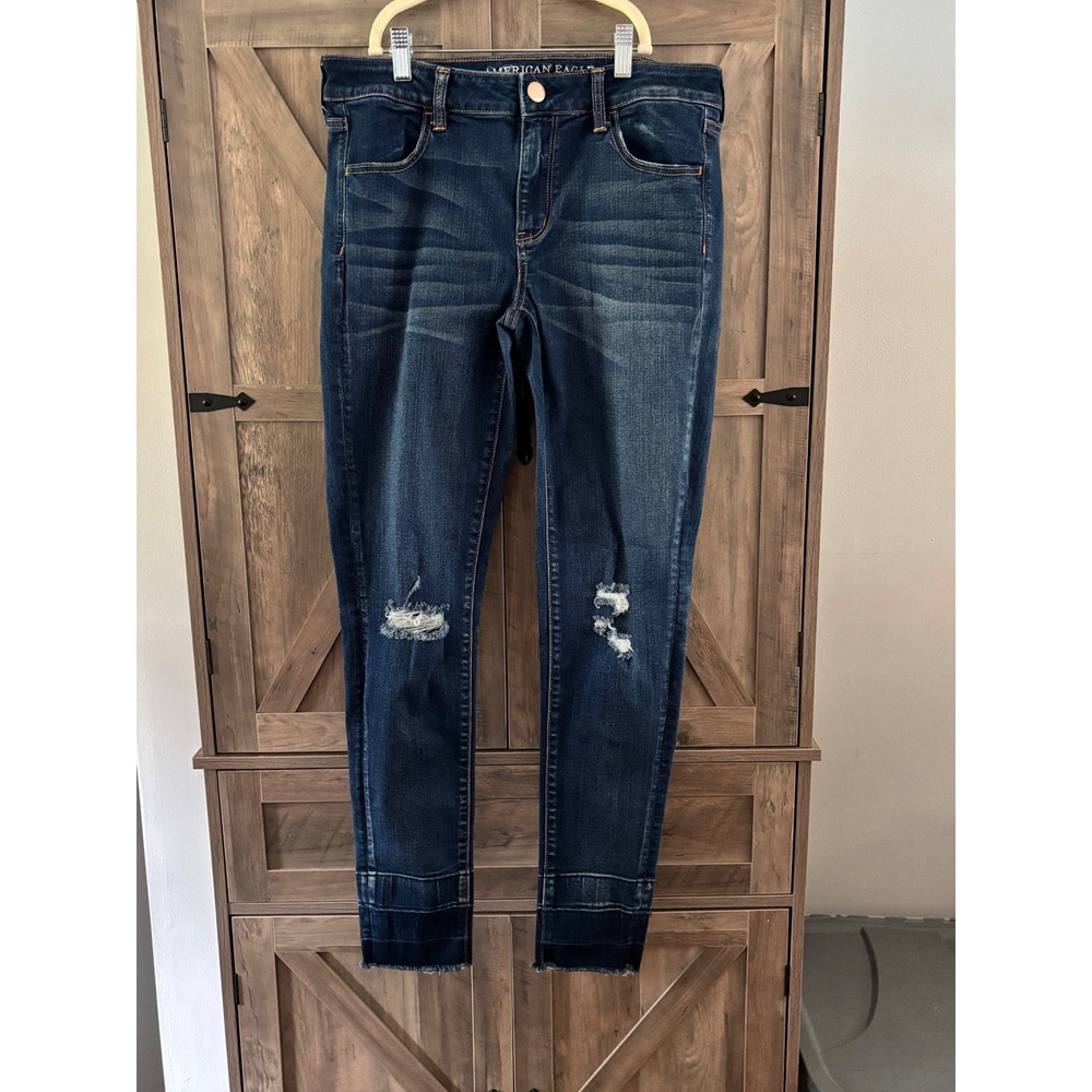 American Eagle Super Stretch Jegging Dark Wash Distressed Released Hem Jeans 12L